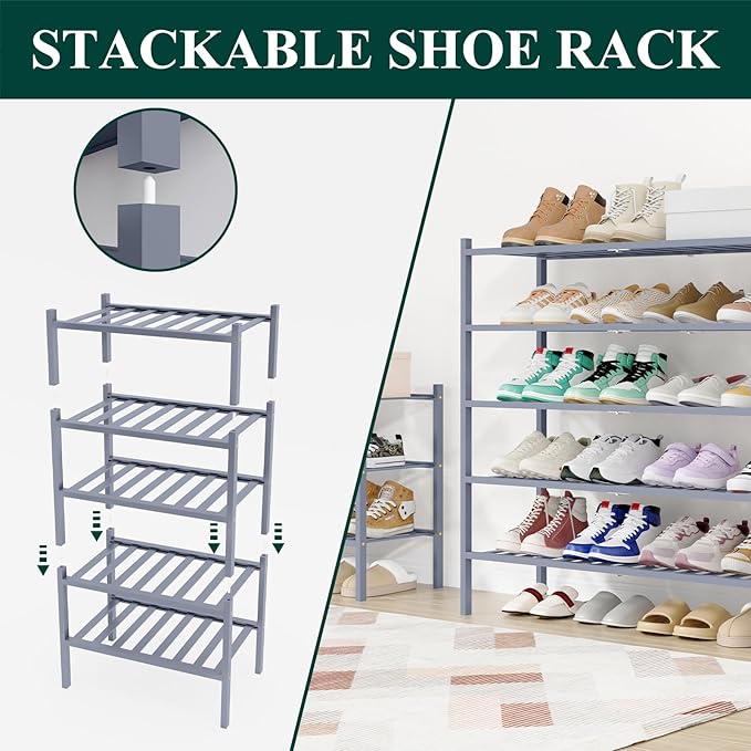 Smiry Shoe Rack, 6 Tier Long Bamboo Shoe Organizer, Stackable Free Standing Wooden Shoe Storage Shelf for Closet, Entryway, Front Door Entrance, Grey