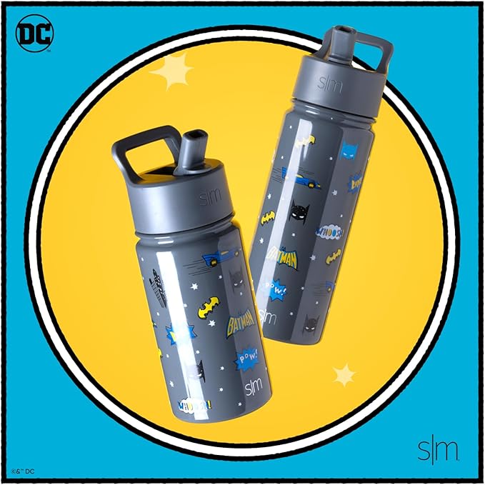 Simple Modern Kids Summit Water Bottle with Straw Lid | DC Comics Batman 14oz Stainless Steel Cup Insulated Tumbler for Boys, School | Batman POW!