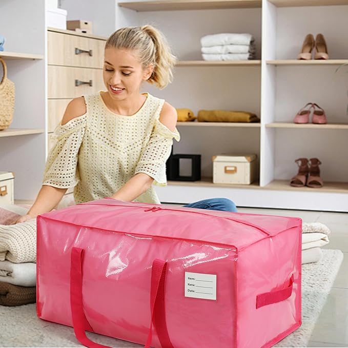 6 Pack Extra Heavy Duty Large Moving Bags with Comfortable Handle & Strong Zipper,Storage Totes for Space Saving Moving Storage College Supplies Alternative to Moving Box,Pink