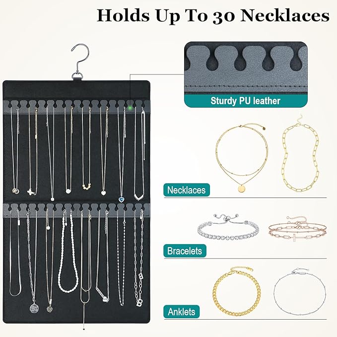 Dual Sided Hanging Jewelry Organizer with Hanger for Closet,Tangle Free Felt Necklace Earring Holder for 300 Earrings & 30 Necklaces Over Door University Dorm, Gift Ready Black (1 Pack)