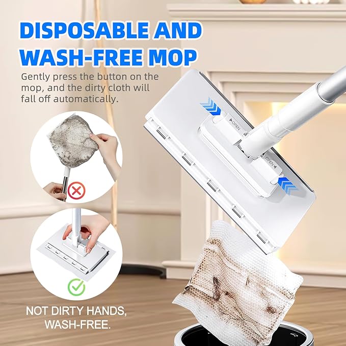 Snap-Grip Mini Mop with 39in Handle — INWEJIA Zero-Touch Gap Dust Cleaner & Locking Head, Disposable Lazy Mop Wet and Dry for Kitchen Bathroom Toilet Corners Window Wall Cleaning