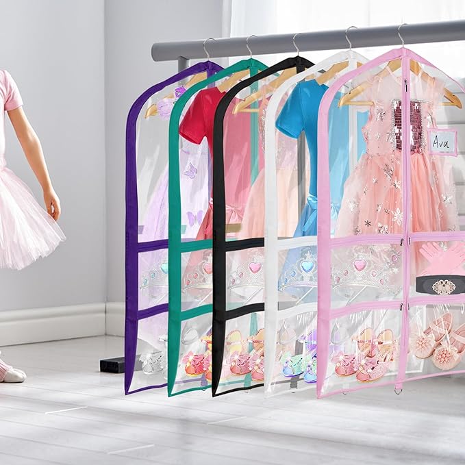 Univivi PVC Dance Costume Bags (3 Pack) Garment Bag 40 Inch for Dance Competitions, with 4 Medium Clear Zipper Pockets and 1 Large Back Zippered Pocket - Clear Purple