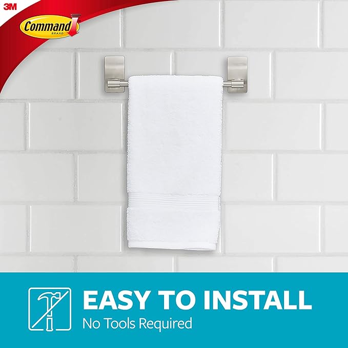 Command Hand Towel Bar Satin Nickel with 4 Water Resistant Command Strips,9" Hand Towel Holder,Holds up to 3 lb,Great for Bathroom Décor on The Wall,Inside The Cabinet,or in-The Shower,(Pack of 8)