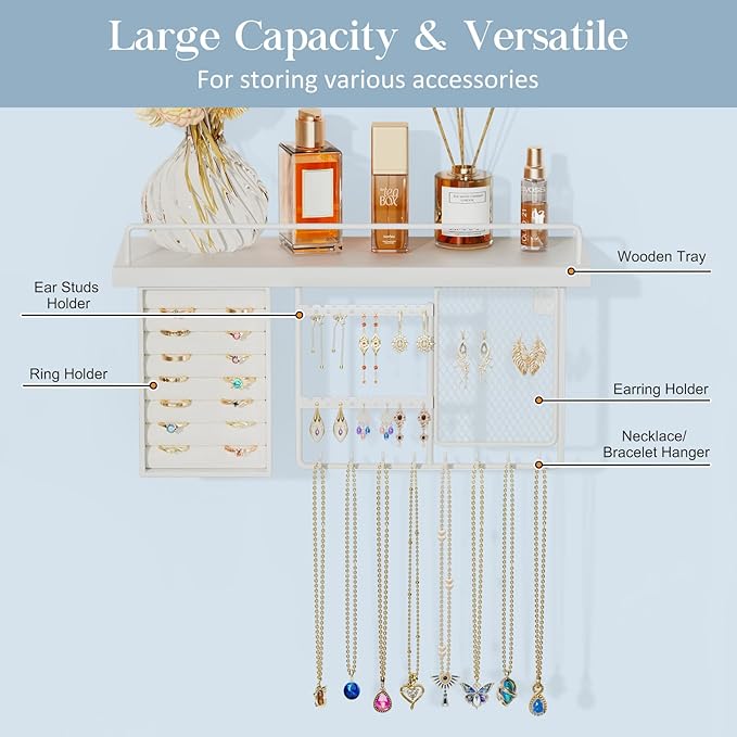 Lolalet Wall Mounted Hanging Jewelry Organizer with Wood Shelf, Wall Jewelry Holder with Hooks for Ring Earring Bracelets Necklaces Display -White
