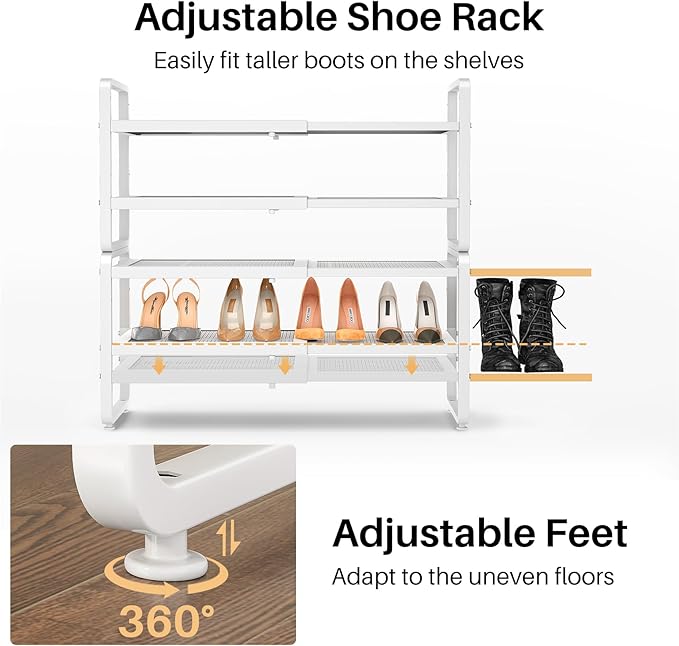 Shoe Rack - Expandable Shoe Organizer for Closet, Adjustable Metal Shoe Shelf Storage, Stackable Long Shoe Stand Holder for Garage, Entryway, Door Entrance (White, 4-Tier)