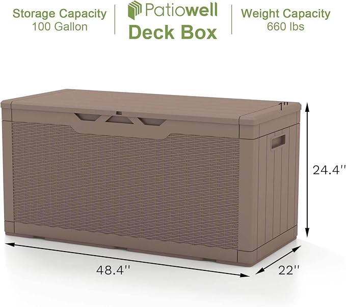 Patiowell 100 Gallon Resin Deck Box, Waterproof Large Outdoor Storage Box for Patio Furniture and Garden Tools, Dark Brown