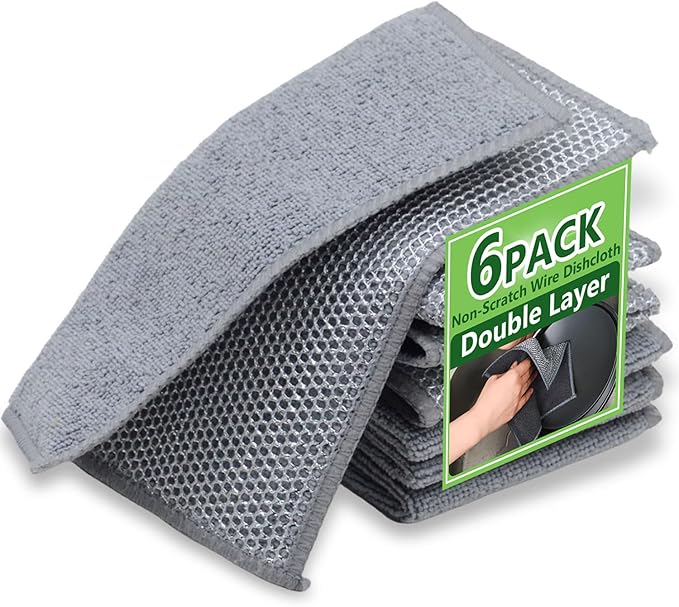6Pack Double Side Wire Dishcloth, Upgrade Wire Cleaning Cloths, Soft Multipurpose Non-Scratch Wire Dishwashing Rags for Home/Kitchen(7.87''x7.87'')-Light Grey