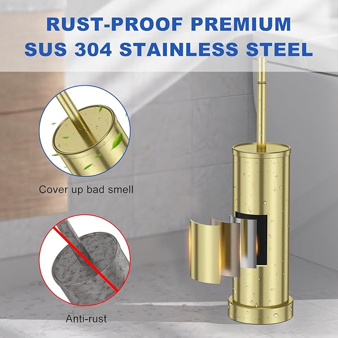 304 Stainless Steel Toilet Brush and Holder Set, Toilet Bowl Brush and Holder, Heavy Duty with Long Handle, Removable Inner Bowl and Splash Protection for Bathroom