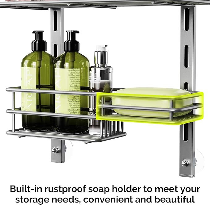 Orimade Shower Caddy Adjustable Height 4 Tier Silver,Bathroom Hanging Over the Door Organizer Shelf Rustproof with 4 Hooks,Shower Basket with Soap Holder and Suction Cup