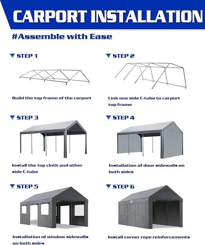 10x20ft Heavy Duty Carport, Waterproof UV Resistant Outdoor carports, Portable Garage Shelter with Rustproof Steel Frame, All Weather Protection for Vehicles Boats Equipment (Gray, 10x20ft)