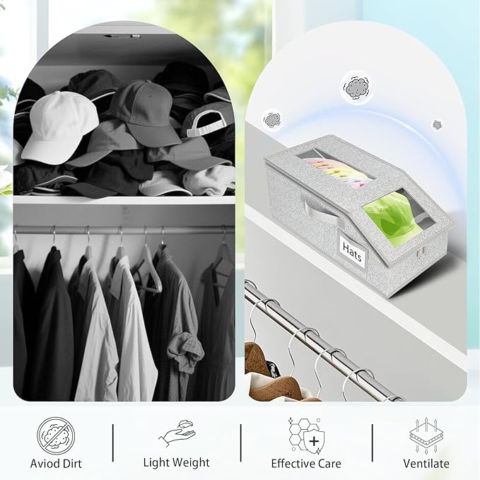 Hat Organizer for Baseball Caps, Hat Storage Holder Container for Closet Hold Up to 12 Caps with Clear Window, Hat Boxes for Home Storage | 1Pcs Grey