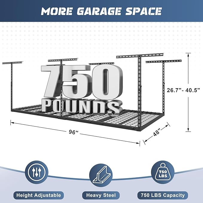 4X8FT Overhead Garage Storage Rack, 26"-40" Height Adjustable Garage Ceiling Storage Racks, Heavy Duty Metal Overhead Storage Organizer System, 750LBS Weight Capacity