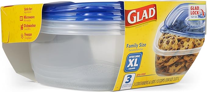 Glad GladWare XL Square Food Storage Containers, Family Size Meal Container with Lock Tight Seal for Leftovers and Meal Prep, Reusable and Dishwasher Safe, 104 Oz, 3 Count