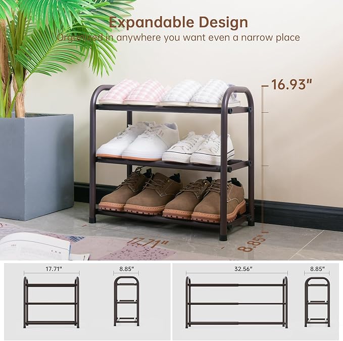 Gonfoam 3-Tier Expandable Shoe Rack,Adjustable Shoe Shelf Storage Organizer Heavy Duty Metal Free Standing Shoe Rack for Entryway Closet Doorway (Bronze)