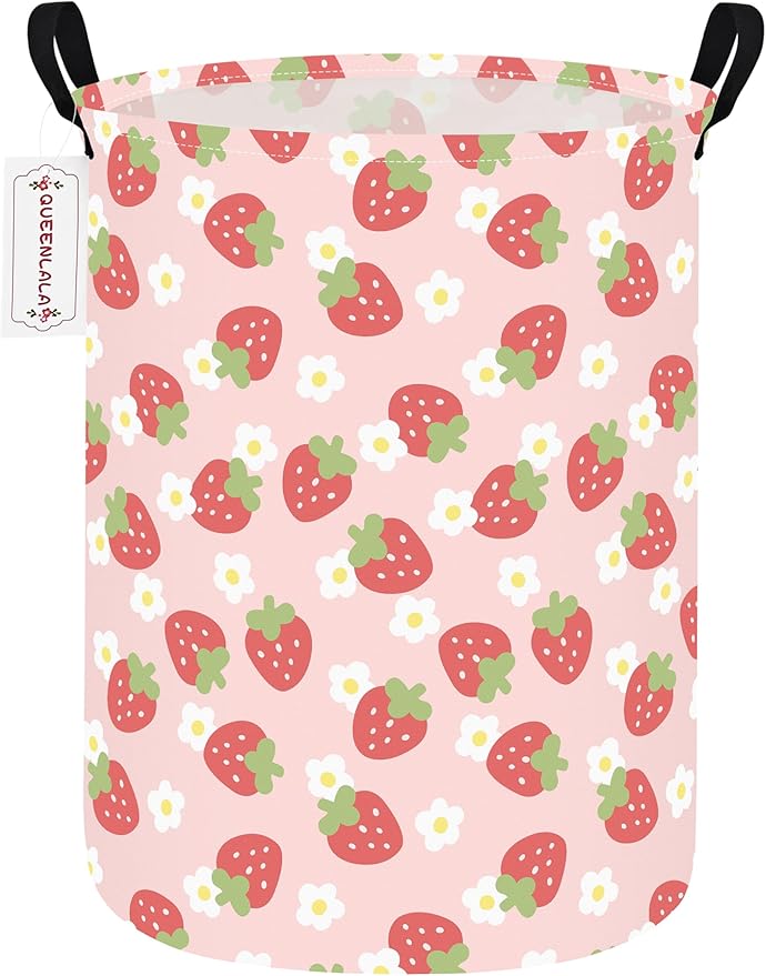 QUEENLALA Large Storage Basket,Laundry Hamper/Bathroom/Home Decor/Collapsible Round Storage Bin,Boys and Girls Hamper/Boxes/Clothing(Round-Pink Strawberry)