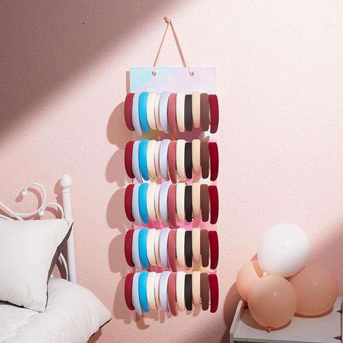 Tudomro Hanging Headband Holder for Girls Felt Hair Accessories Organizer with 60 Elastic Bands Bow Hanger Hair Bows Without Headbands(Unicorn,Pink)