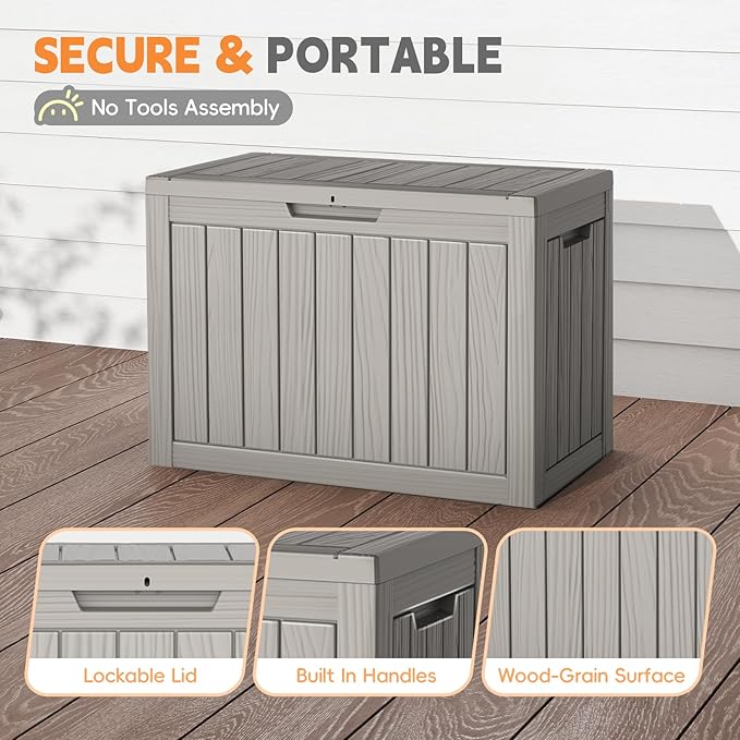 Outdoor Storage Box, 50 Gallon Deck Box Waterproof, Resin Patio Storage Bin for Package Delivery, Patio Furniture Cushion, Garden Tools, Pool Accessories, Weatherproof, Grey
