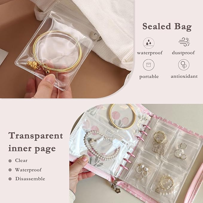 Jewelry Organizer Travel,Jewelry Storage Book with 40 Large PVC pouches,Portable Jewelry Organizer Zipper Bags for Necklaces Bracelet Rings and Earrings (front cover removable),Pink