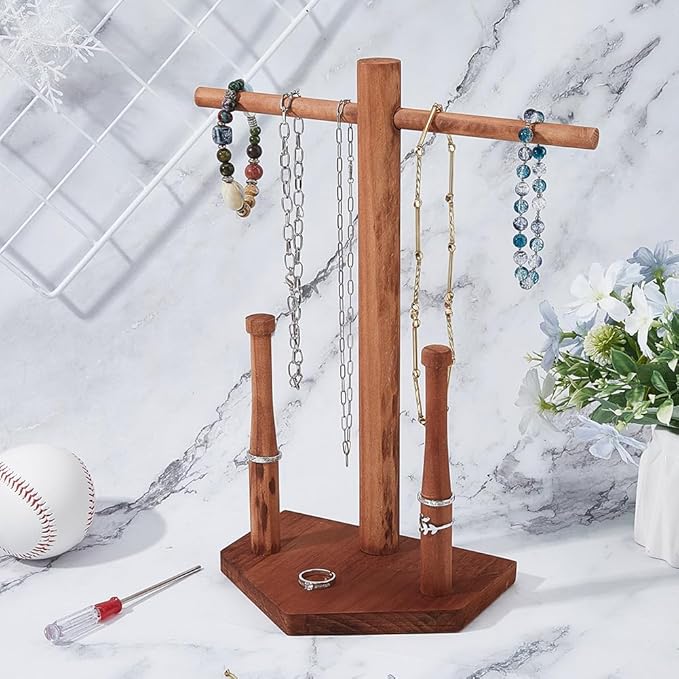 DICOSMETIC Wood Drip Necklace Organizer Holder Chocolate Wooden Baseball Jewelry Holder Championship Stacked Ring Display Wooden Jewelry Storage Organizer Baseball Theme Gifts