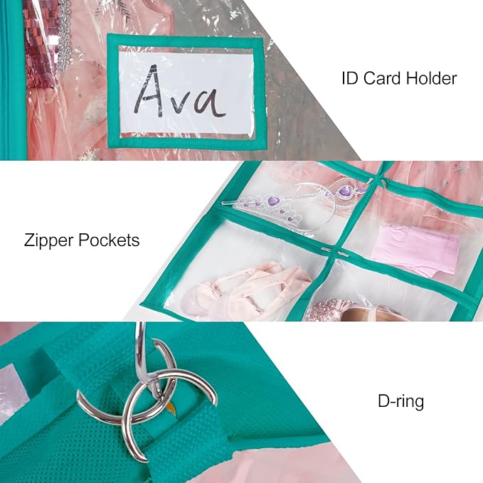 Univivi Clear Blue-green PVC Dance Costume Bags Garment Bag 40 Inch for Dance Competitions, with 4 Medium Clear Zipper Pockets and 1 Large Back Zippered Pocket (12 Pack, Clear Blue-green)