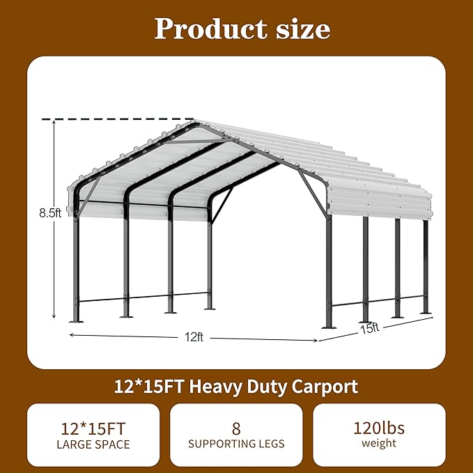 Walsunny Metal Carport 12x15 FT Heavy Duty Carport Canopy with Enhanced Base, Outdoor Car Shelter with Galvanized Steel Roof and Frame Garage for Truck, SUV, Boat, White