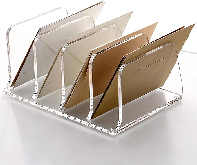 SANRUI Acrylic Desk File Sorter Organizer Holder, 4-Section Clear Vertical Letter File Folder Rack, Notebook Magazine Desktop Binder Mails Storage Bookshelf Upright Divider for Home Office School