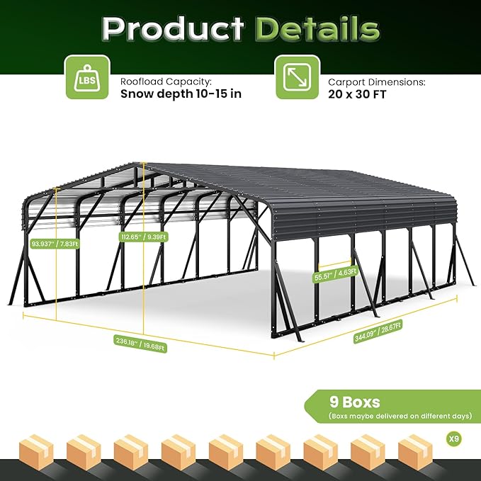 20x30FT Heavy Duty Metal Carport, Outdoor Portable Car Garage w/Reinforced Support Rods & Windproof Ground Anchors, All-Season Versatile Outdoor Shelter for 3 Car, Boats, Truck