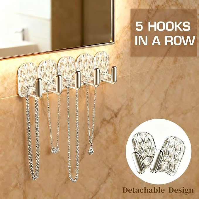 Gesodant 8 Pack Hanging Jewelry Organizer, Self-adhesive Jewelry Hooks, Clear Wall Mounted Jewelry Hanger, Necklace Display Holder, 40 Hooks in Total