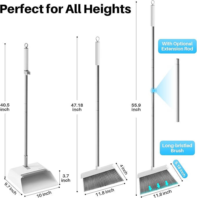 JOYMOOP 2 Pack Broom and Dustpan Set, Black and White Combo, Upright Angle with Built-in Comb Teeth for Pet Hair and Hard Floors