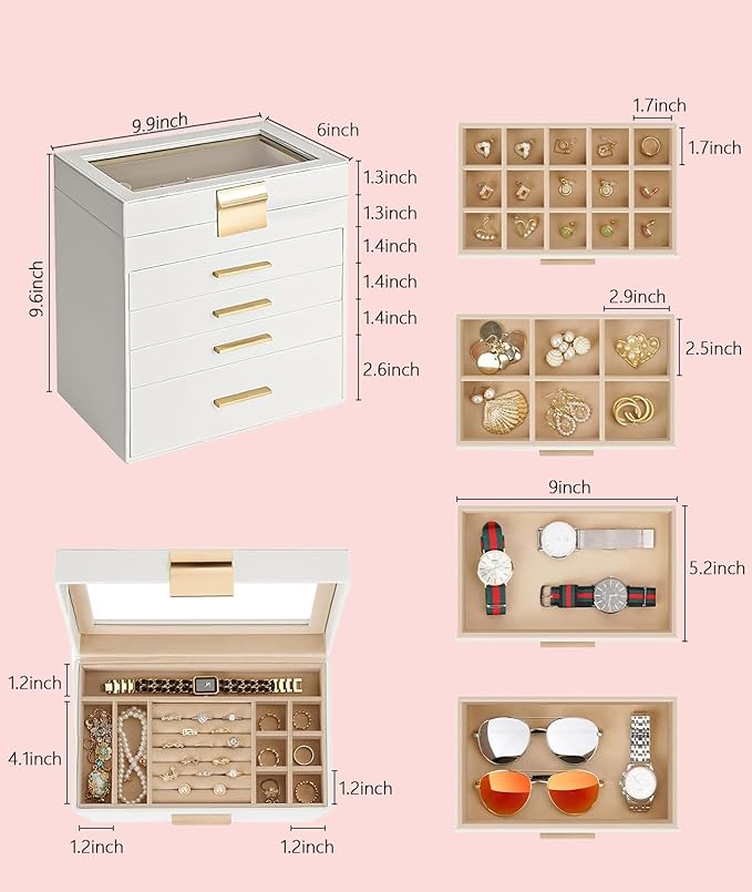 5 Layer Jewelry Box for Women, Glass Lid Jewelry Organizer with 5 Drawers for Necklaces Rings Earrings Bracelets - White (Pearl White)
