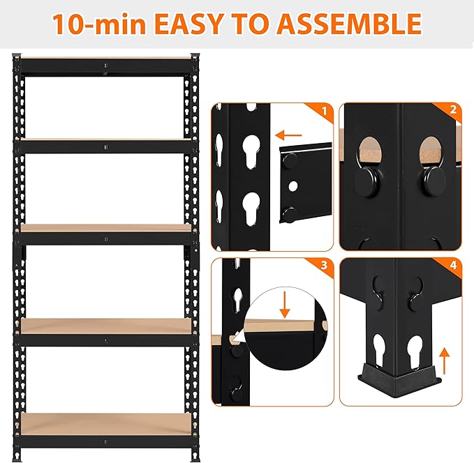 Topeakmart 5-Tier Utility Shelves, Metal Storage Shelves, Adjustable Shelving Units, Boltless Assembly, Garage Shelves Shed Shelving for Warehouse Garage Shed Basement- Black, 27.5 x 12x 60 Inch