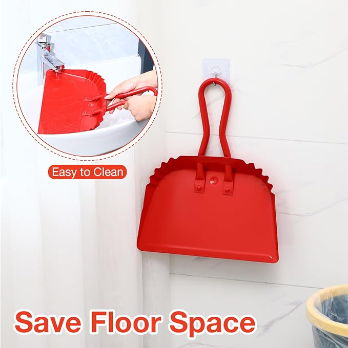 Mumufy 2-Pack Heavy Duty Stainless Steel Red Dustpan - 12" Wide Metal Edge for No-Leak Sweeping, Rust-Resistant for Home Garage Studio Courtyard Indoor Outdoor