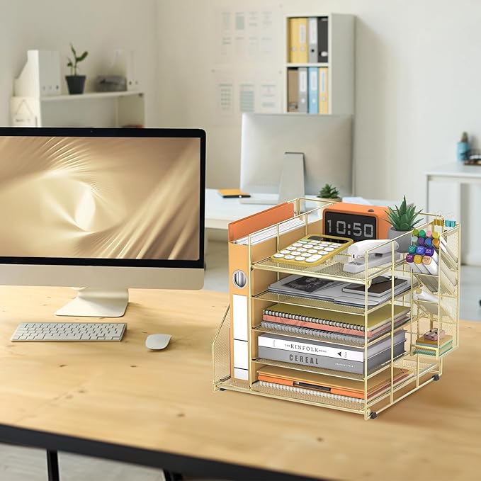 Gold Desk Accessories, 5-Tier Desk Organizer with Magazine Holder, Paper Organizer with Pen Holder for Home, Office or School Supplies
