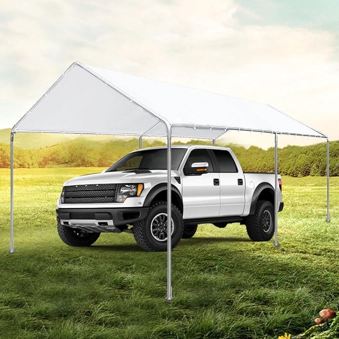 10'x20' Carport Replacement Canopy Cover for Top Tent Shelter Tarp with Ball Bungees White (Only Top Cover, Frame is not Included)