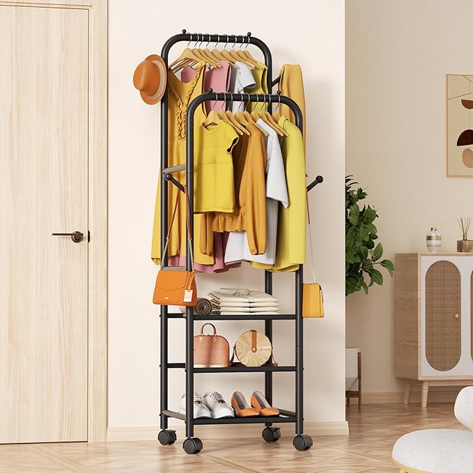 Furologee Rolling Clothing Racks for Hanging Clothes, Double Rods Clothes Rack With Wheels, Sturdy Coat Racks,Portable Metal Garment Rack for Bedroom Laundry Living Room, Black