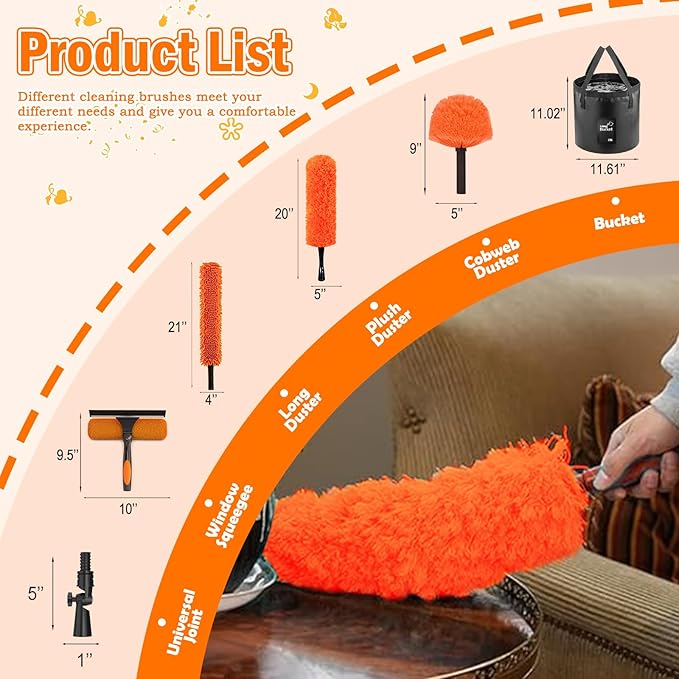 26FT High Reach Duster Cleaning Kit with Extension Pole, High Ceiling Fan Cleaner Duster Tool for Fan Blades, Window Washing Kit with Microfiber Feather Duster & Window Squeegee & Bucket
