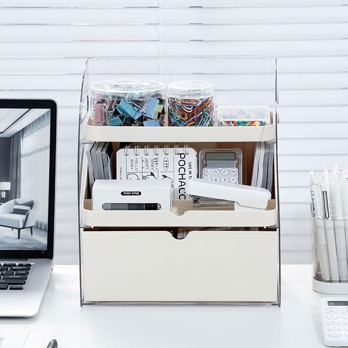 FABROK 3-Layer Desk Organizer with Drawer, Clear Office Supplies and Desk Accessories Organizer with Handle, Desktop Storage for Stationery（Cream）
