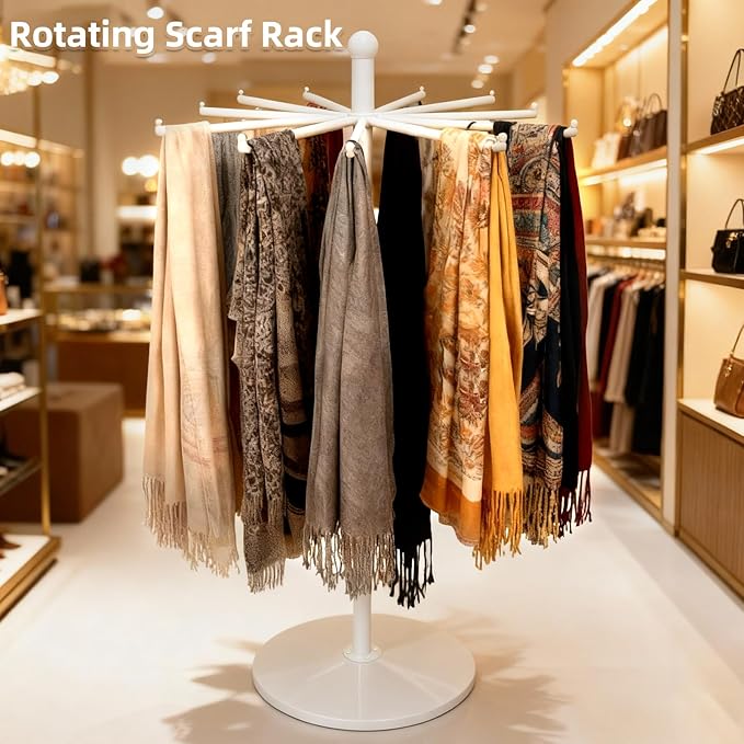 23-Inch Heavy-Duty Metal Rotating Rack - 12-Arm Freestanding Organizer with Wheels & Adjustable Pad Base for Scarf, Bag & Fabric - Ideal for Boutique, Retail & Home, White