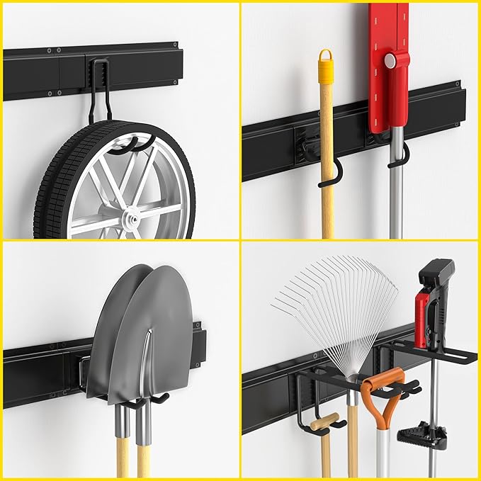 64" Wall Mount Tool Storage Rack, 15 PCS Heavy Duty Steel Yard Garden Tool Organizer, Garage Tool Organizer Wall Mounted Storage System Hold Up to 550lbs, with 2 Extension Cord