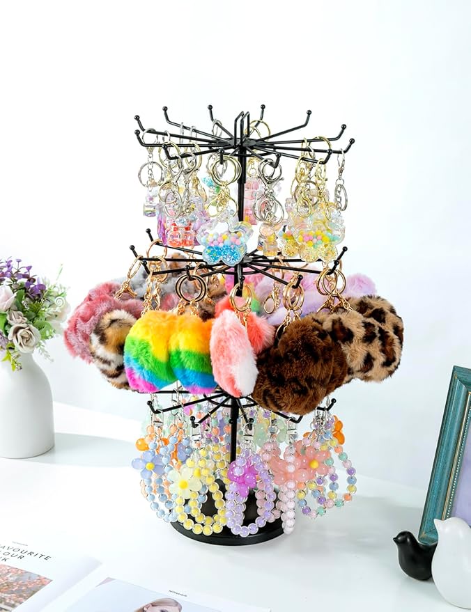 MyGift 3 Tier Classic Large Black Metal Jewelry Tree Holder Organizer with 360 Degree Rotating Arms, Spinning Necklace and Bracelet Tower Display Stand with 36 Hooks and Top Card Holder For storage