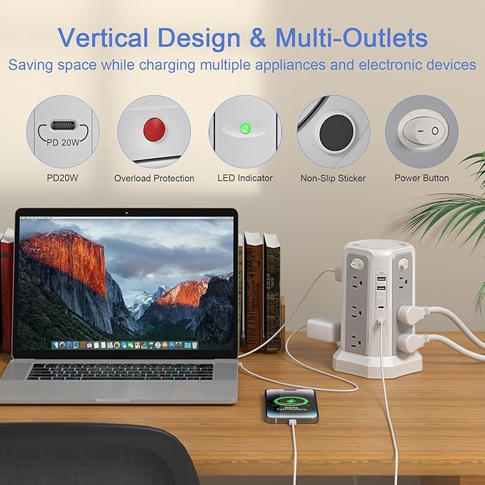 Long Extension Cord 10FT 1625W|13A with Multiple Outlets, Surge Protector Power Strip Tower with 4 USB(2 USB C) Ports, Flat Plug 1800J Overload Protection for Home Office DormRoom Essentials