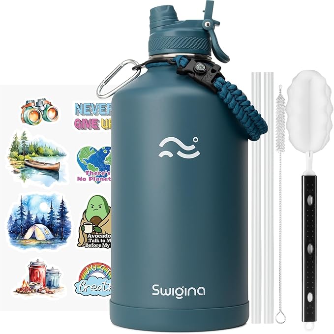 [2-IN-1 LID] Gallon Insulated Water Bottle with Silicone Boot (48hrs Cold/24hrs Hot) - DIY Stickers, Leakproof, BPA Free, 128 oz