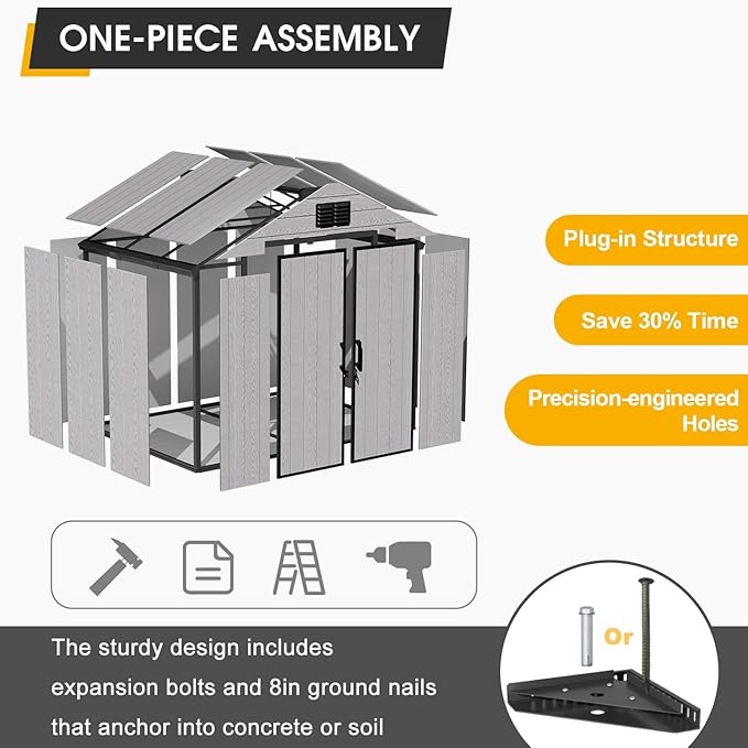 MELLCOM 8 x 6 FT Outdoor Storage Tool Shed with Windows and Lockable Door, Resin Outdoor Storage Shed with Floor, Resin Garden Shed for Lawnmower, Pool Supply, Bike