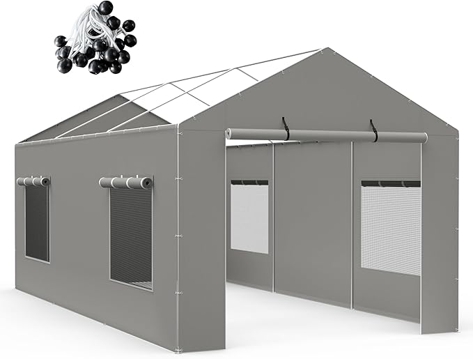 2 Pack Carport Canopy Replacement Sidewalls with Roll-up Windows, 2 Pack Zipper Doors for 12x20FT, Waterproof & UV Protected, Easy Assembly with Ball Bungees, Grey (Frame and Top Cover Not Included)