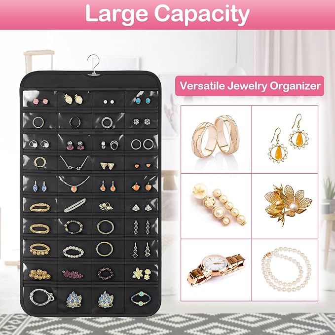 Hanging Jewelry Organizer for Closet with Swiveling Hanger, 17 x 30 In, 80 Clear Pockets Jewelry Organizer Hanging for Jewelries, Earrings, Accessories (Beige) (1, Black)