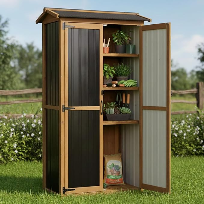 Outdoor Storage Cabinet, Wood & Metal Garden Cabinet with 3 Adjustable Shelf, Weather-Resistant Roof, Lockable Doors & Adjustable Feet for Patio, Garden, Farm (33" L x 21" W x 69" H)