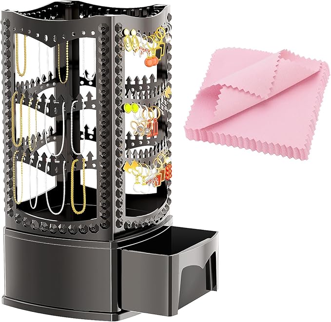 Hanging Jewelry Organizer with 10 Silver Polishing Cloths, Jewelry Holder with 156 Holes and 160 Grooves for Earring, Necklaces, Bracelet with Rotating Hanger, Easy Assembly (Black)