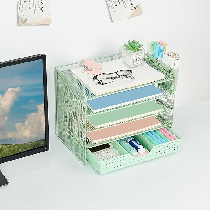 Desk Organizers and Accessories, 5-Tier Paper Letter Tray Organizer with Drawer & 2 Pen Holders, Desktop Organizer for Office Supplies (Green)