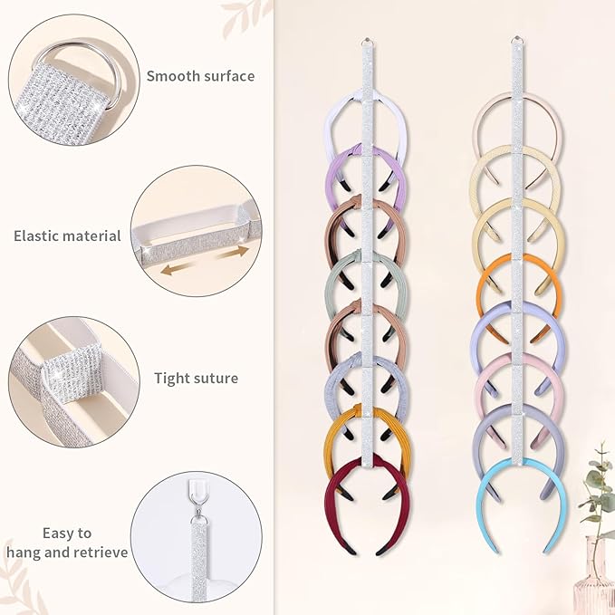 3 PCS Headband Holder Organizer for Girl,Hanging Hairband Storage for Women,Glittering Silver Hair Hoop Display Hair Accessories Organizer Bedroom College Dorm Decor(Glittering Silver)