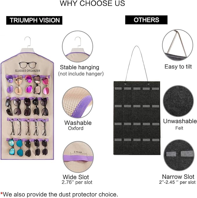 TRIUMPH VISION Black Purple Wall Sunglasses Organizer Storage 20Slots - Hanging Glasse Display Stand Durable Oxford Sunglasses Case